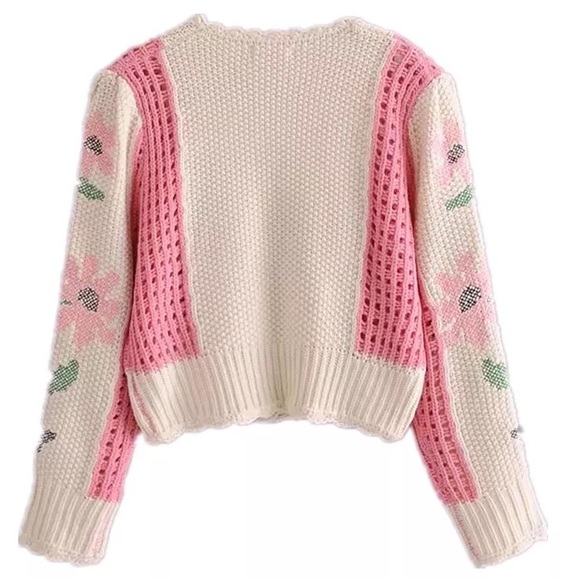 Floral cardigan pink sweater crochet style look knit cream beige - Picture 5 of 8